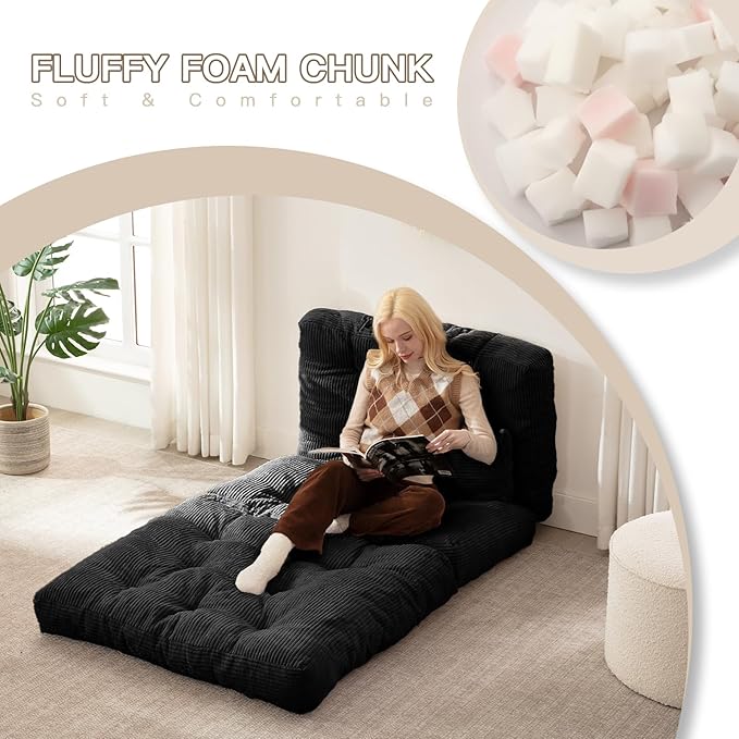Folding Sofa Bed, Convertible Sleeper Chair with Pillow Foldable Mattress with Back Support, Portable Fold Out Chair Bed Comfy Floor Sofa Lounge for Living Room Bedroom, Black Twin 80x39 Inch