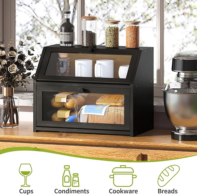 BMOSU Farmhouse Bread Box for Kitchen Countertop Bread box Double Layer Bamboo Wooden Extra Large Capacity Bin Kitchen Food Storage Container(Black)