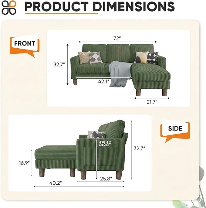 JUMMICO L Shape Sectional Sofa Couch, 3 Seat Convertible Sofa with Movable Ottoman and Side Storage Pockage, Modern Sofa Small Couches for Living Room & Apartment and Small Space (Corduroy, Green)