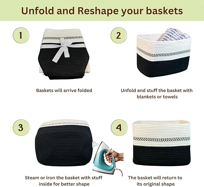 Cotton Rope Baskets for Organizing and Storage, Woven Decorative Baskets for Shelves, Books, Closets. Storage Bins for Living Room, Bedroom | Pack of 3 | Black