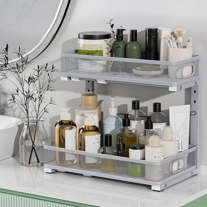 der Sink Organizer, High Adjustable 2 Tier Under Sink Organizers and Storage, Slide Out Metal Cabinet Organizers, Pull Out Sink Storage Drawer Shelf for Kitchen Bathroom Cabinet, Grey, 2 Pack