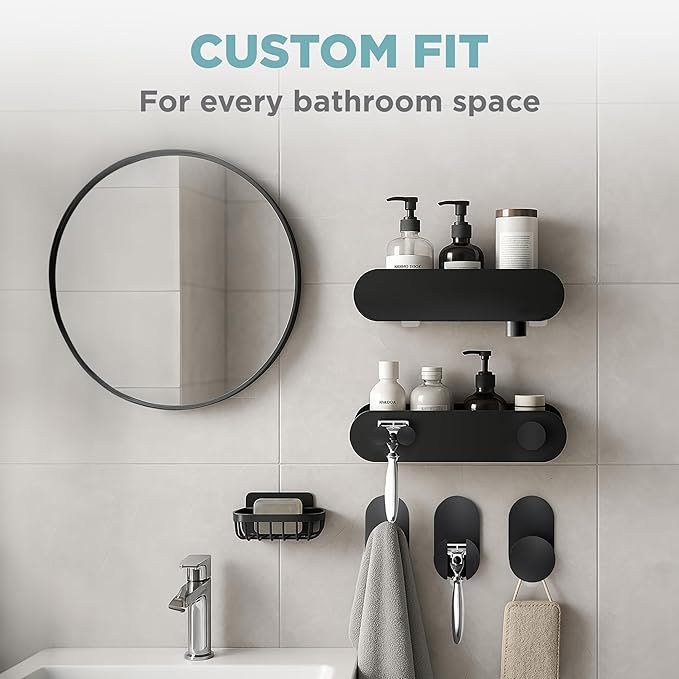 Zenna Home Adhesive Shower Caddy Baskets and Hooks Set, 5-Piece Bathroom Organizers and Storage, Shower Shelves and Hooks, No Drilling, Bathroom Accessories for Shower Storage, Matte Black
