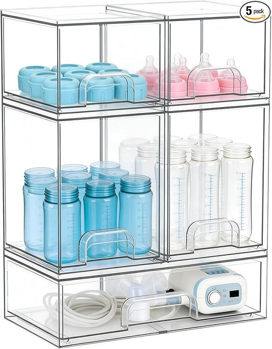 Baby Bottle Organizer, Large Capacity Stackable Acrylic Storage with Non-Slip Pads, for Baby Bottles, Pump Parts, Kitchen Countertop, Pantry, Vanity, 5-Piece