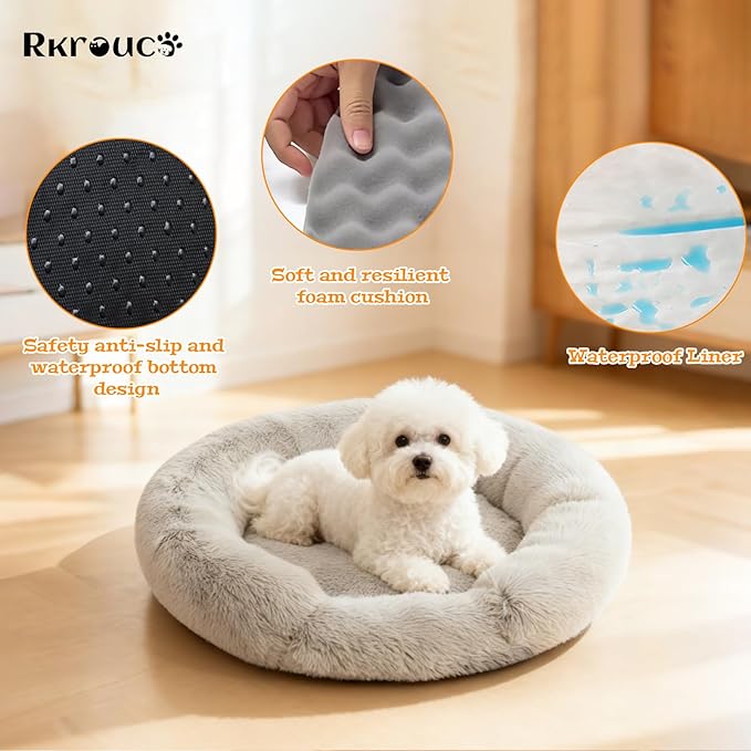 Fluffy Dog Bed Calming Donut Beds for Large Dogs Warming Round Small Medium Pet Nest Cozy Cat Mattress Indoor Washable Puppy Kennel Kittens Sleep Mat (M, 27.5×27.5 inch, Gradient Coffee)