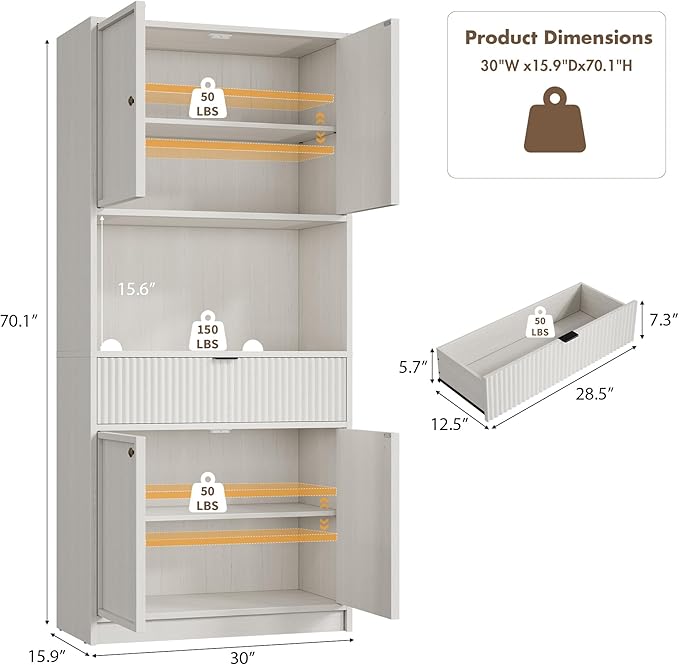 Garvee Tall Kitchen Pantry Cabinet, 70" Pantry Storage Cabinet with Countertop, Fluted Kitchen Hutch Cabinets with Doors and Drawer, Freestanding Cupboard for Dining Room, Living Room, Antique White