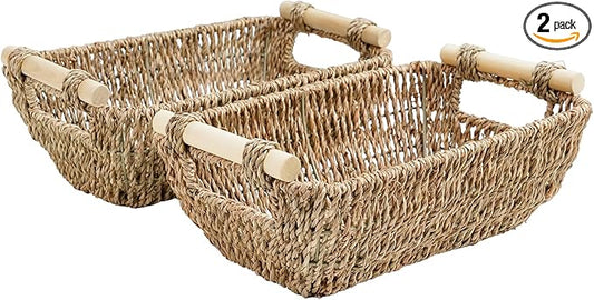 Small Wicker Baskets for Organizing, Hand Woven Seagrass Baskets with Wooden Handles, Decorative Woven Baskets for Storage, Pantry, Bathroom & Shelves, 2-Pack