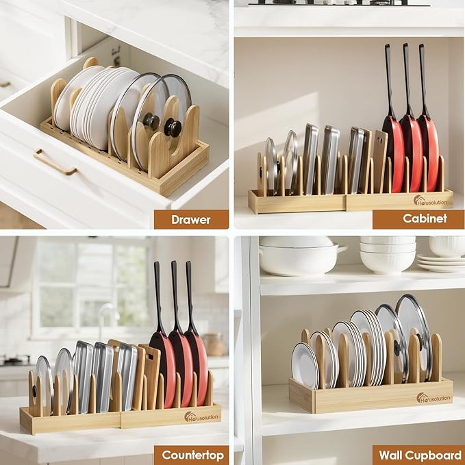 Housolution Bamboo Pot and Pan Organizer for Cabinet, 15"-29" Expandable Pot Lid Organizer with 10 Adjustable Dividers, Pan Holder Storage Rack for Cutting Board, Baking Tray and Cookie Sheet