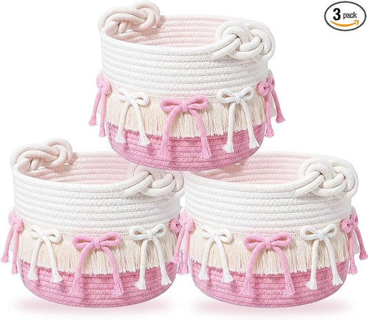 Novabright 3 Pcs Pink Bow Baskets Gifts Coquette Bow Cotton Rope Storage Baskets Round Shelf Organizer Laundry Hamper Storage Bin for Closet Bedroom Nursery Home Decor Baby Shower, 8.27'' x 6.1''
