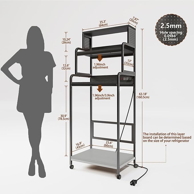 4-Tier Mini Fridge Pegboard Stand with Storage,Mini Fridge Cabinet with Power Outlet,Bakers Rack with Storage Shelf,Microwave Oven Stand,Mini Fridge Shelf for Dorm(Black Wood Grain)