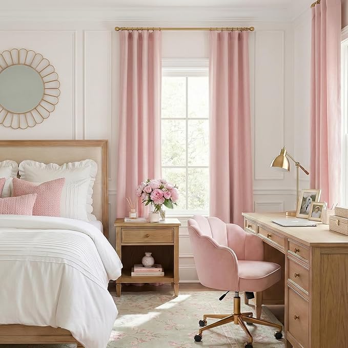 INOVADAY 100% Blackout Curtains for Bedroom, Black Out Curtains 90 Inch Long, Clip Rings Linen Blackout Drapes, Thermal Insulated Room Darkening for Living Room, 2 Panels - Baby Pink,W50xL90