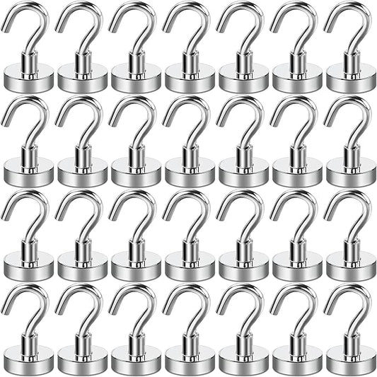 E BAVITE Magnetic Hooks, 30Lbs Magnet Cruise Hook Neodymium Magnets for Refrigerator, Grill, Towel, Indoor Hanging, Home, Kitchen, Workplace, Office and Garage - 28 Pack, Silvery