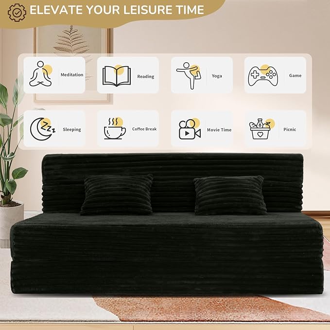 Folding Sofa Bed Queen Size, Convertible Sleeper Chair Loveseat with Pillow, Futon Chair Sofa Bed, Fold Out Floor Couch, Foldable Mattress for Living Bedroom Guest Room Dorm, Charcoal Moss Grey