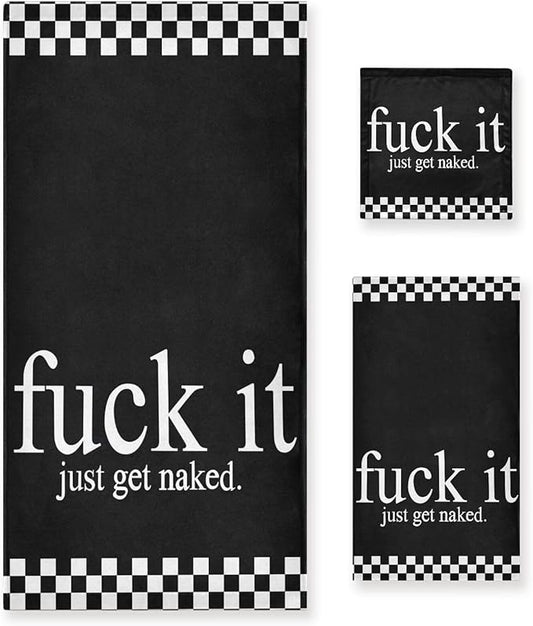 Black and White Checkered Bath Towels Set,Ultra Soft 3 Piece Funny Quotes Get Naked Towels for Bathroom,1 Bath Towel 1 Hand Towel 1 Washcloth,Absorbent Quick Dry Decoractive Bathroom Towels