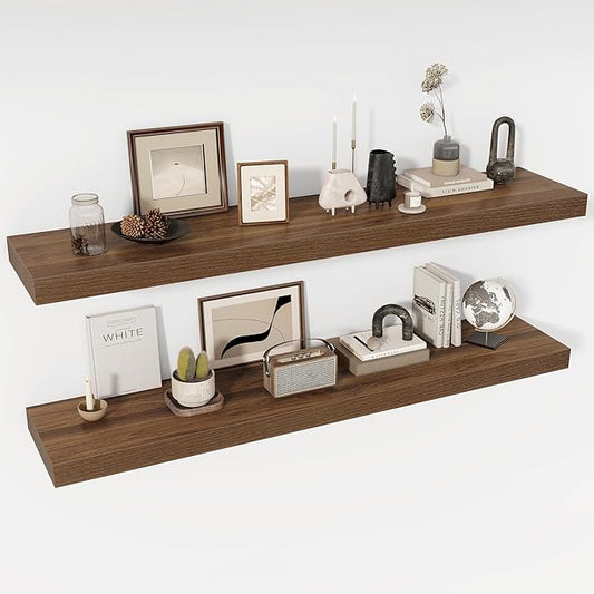 55 Inch Floating Shelves, 12" Deep Floating Shelf Wall Mounted, 55" Wall Shelves, Rustic Deep Bookshelf, Extra Deeper & Thicker Display Shelves for Bedroom, Living Room, Walnut, Set of 2