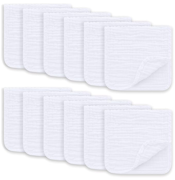 Muslin Burp Cloths Large 100% Cotton Hand Washcloths for Boys & Girls, Baby Essentials Extra Absorbent and Soft Burping Rags for Newborn Registry (White, 12-Pack, 20" X10")