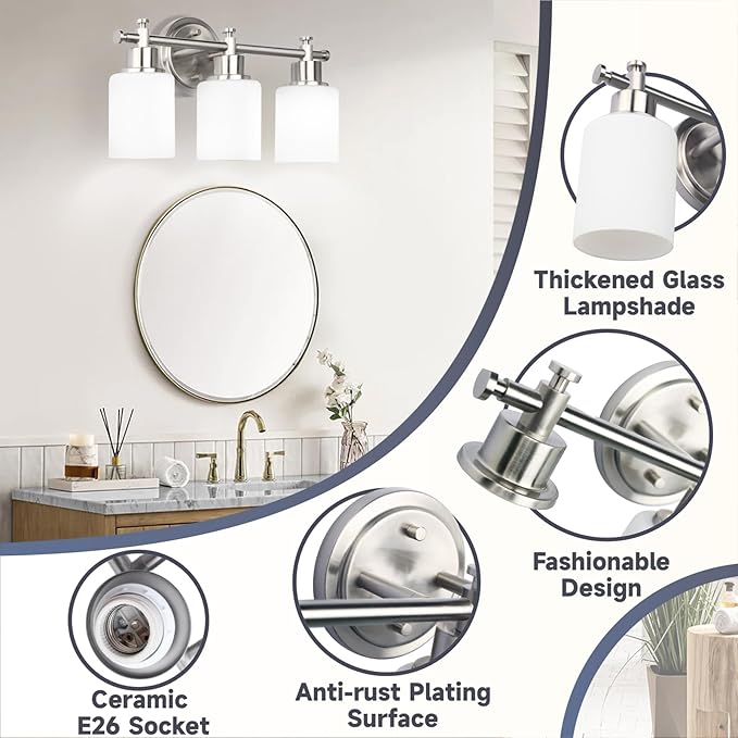 3-Light Bathroom Vanity Light Fixtures, Brushed Nickel Compact Wall Sconce with White Glass Shade for Mirror, Bathroom, Living Room, Modern Style, E26 Base, 15.75 Inch
