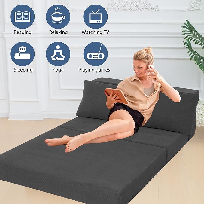 Sofa Bed Foldable Mattress ，Folding Sleeper Sofa Chair Bed Floor Mattress with Pillow for Living Room Home Office (Dark Gray -Corduroy, Twin XL)