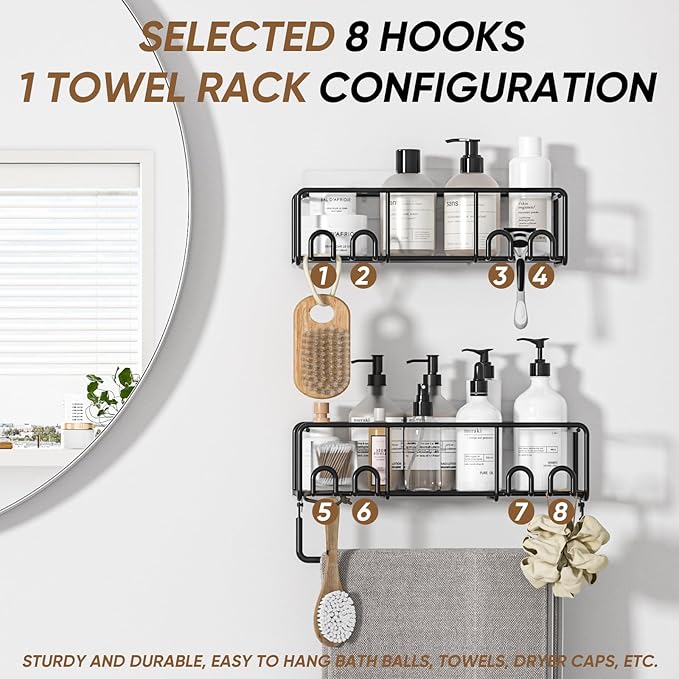 Adhesive Shower Caddy, Shower Shelves with Rustproof Coated, Wall Mounted Bathroom Organizer, Sleek Bathroom Organizers and Storage, No-Drilling (Black, 2 Pack)