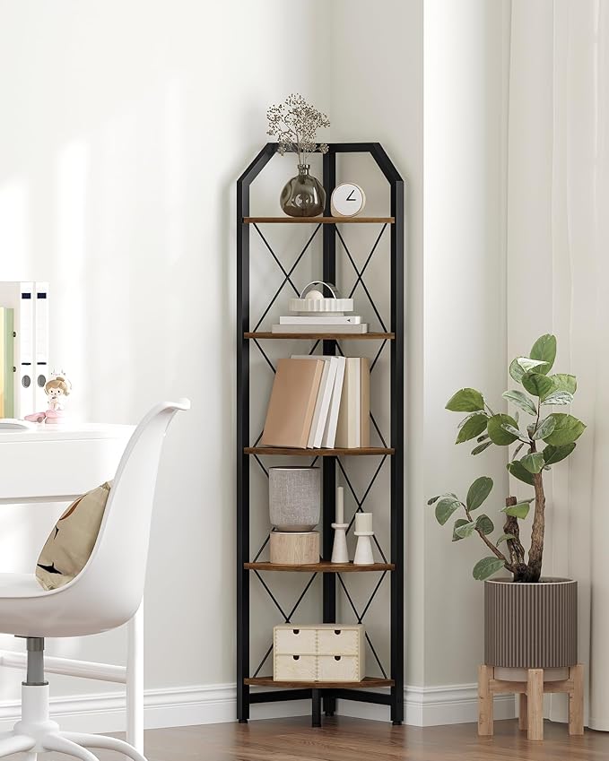 59.4" Corner Shelf, 5-Tier Industrial Corner Bookshelf, Corner Storage Stand, Plant Stand Display Shelf, Bookcase for Bedroom, Living Room, Home Office, Rustic Brown and Black TCJ10BF