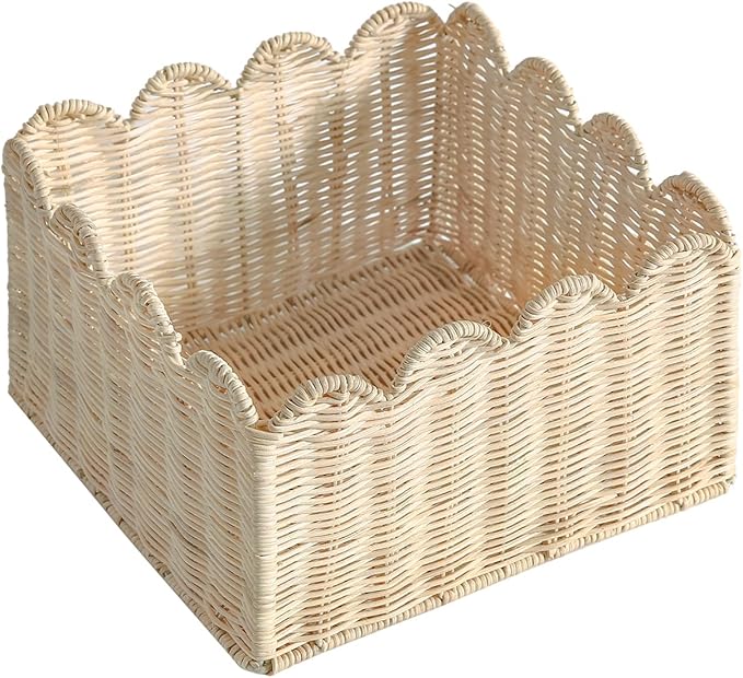 Scalloped Edge Basket, Wicker Storage Baskets, Hand Woven Baskets for Shelves,Natural Baskets for Organizing (Rattan(S-9.5" L x 9.5" W x 5.6" H))