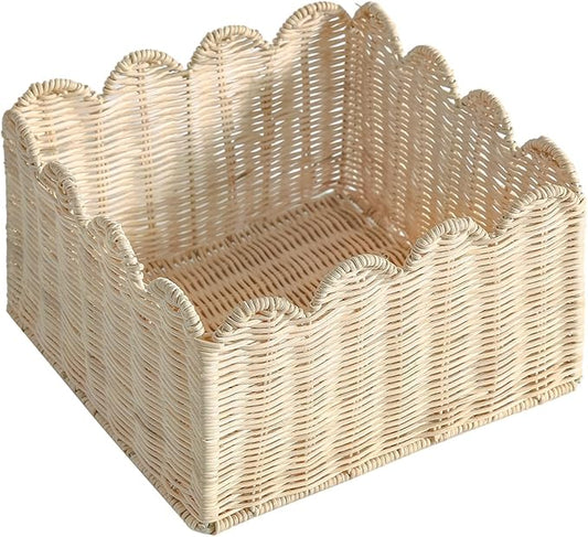 Scalloped Edge Basket, Wicker Storage Baskets, Hand Woven Baskets for Shelves,Natural Baskets for Organizing (Rattan(S-9.5" L x 9.5" W x 5.6" H))
