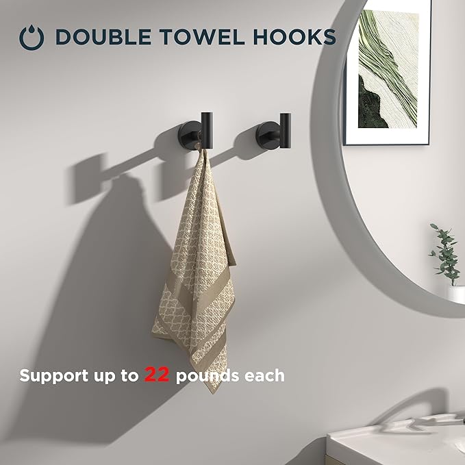 FORIOUS 4 Piece Bathroom Accessories, SUS304 Stainless Steel Toilet Paper Holder, Towel Ring and 2 Towel Hooks, Wall Mounted Bathroom Hardware Set (Matte Black)