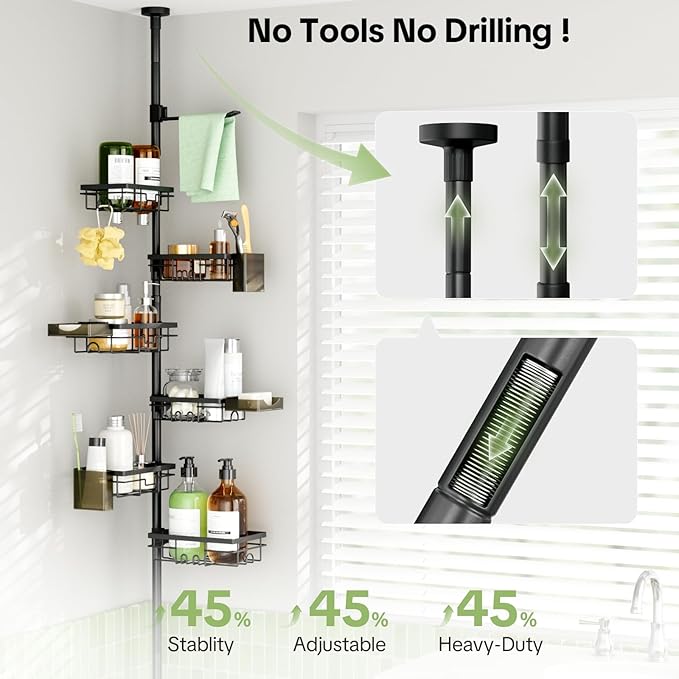 Shower Tension Rod Organizer, 6 Tier Rustproof Corner Shower Caddy Tension Pole with Soap Holder & Hooks, Adjustable 30-121 Inch Bathroom Shelf for Renters - Family Stand Storage Rack, Black