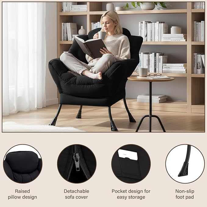 Welnow Lazy Chair for Living Room, Modern Reading Lounge Accent Chair with Armrests and a Side Pocket, Leisure Upholstered Lazy Sofa for Small Space, Bedroom, Dorm, Black