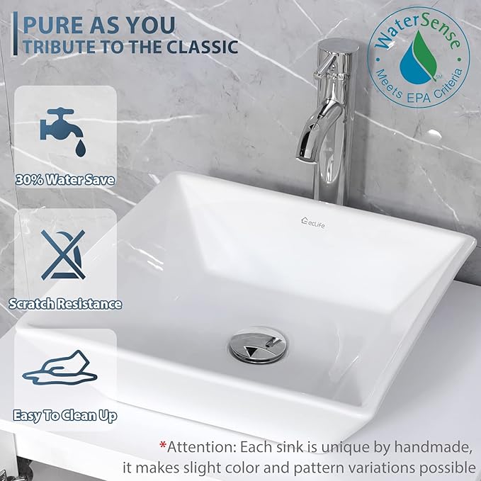 eclife 84" Modern Bathroom Vanity Sink Combo Freestanding Cabinet with Small Side Cabinet, White Square Ceramic Vessel Sink, Water Save Faucet, Drain (White+A07)
