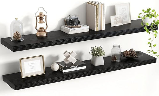 48 Inch Floating Shelves, 8 Inch Deep Floating Shelves for Wall, Hanging Shelf with Invisible Brackets, Deep Shelves for Bathroom, Bedroom, Living Room, Black, Set of 2