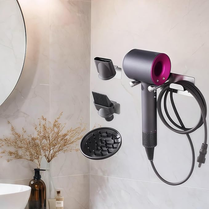 Dyson Hair Dryer Holder, Hair Dryer Wall Mount Organizer for Supersonic & Nural, Stainless Steel Dyson Blow Dryer Holder with Magnetic Rings, Waterproof & Rust Resistant for Bathroom/Salon