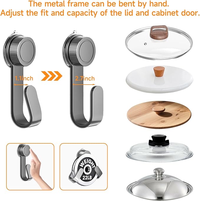 4 PCS Adjustable Pot Lid Holder, No Drill Adhesive Mount, Pot Lid Organizer for Cabinet Door/Wall Mounted, Fits 6-14" Lids