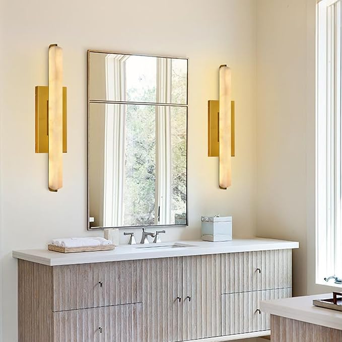 Alabaster Wall Sconces, 25" Brass Alabaster Sconce, Spanish Natural Marble Wall Sconce Lamp Indoor, Rectangle Modern Sconces Lighting for Bathroom Living Room Bedroom Stairs Hallway