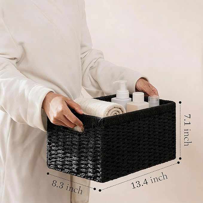 joybest Black Shelf Storage Wicker Baskets, 4-Pack Woven Paper Rope Baskets for Organizing, Foldable Rectangular Bin with Handles for Pantry, 13.4L x 8.3W x 7.1H Inch