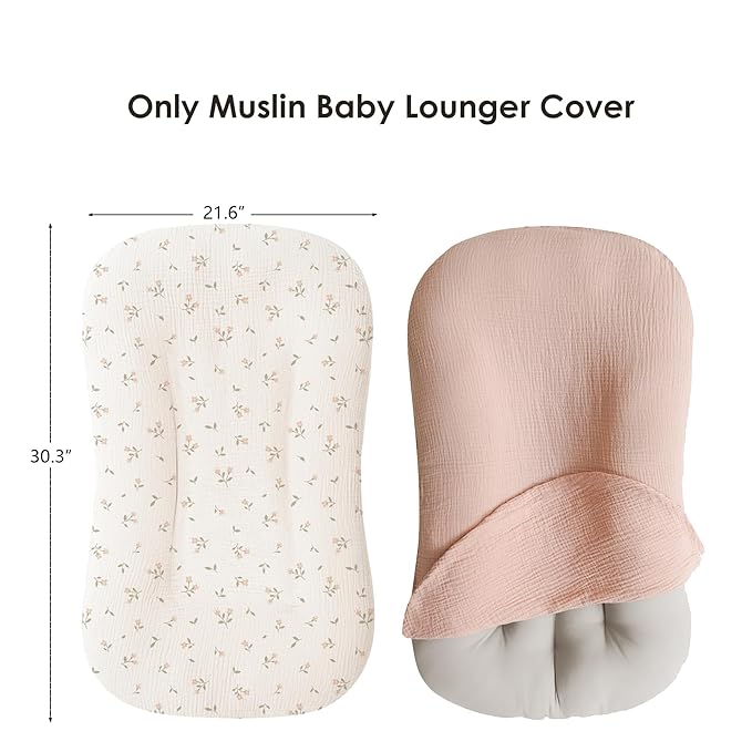 Muslin Baby Lounger Cover for Newborn & Infant, 100% Cotton Soft and Breathable Lounger Slipcover for Baby Girls and Boys, Pack of 2 (Pink Blossom)