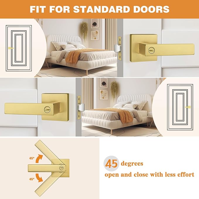Probrico Gold Privacy Door Handle Lockset Heavy Duty Interior Door Lever for Bedroom Reversible Keyless Handleset Door Knob 3 Pack