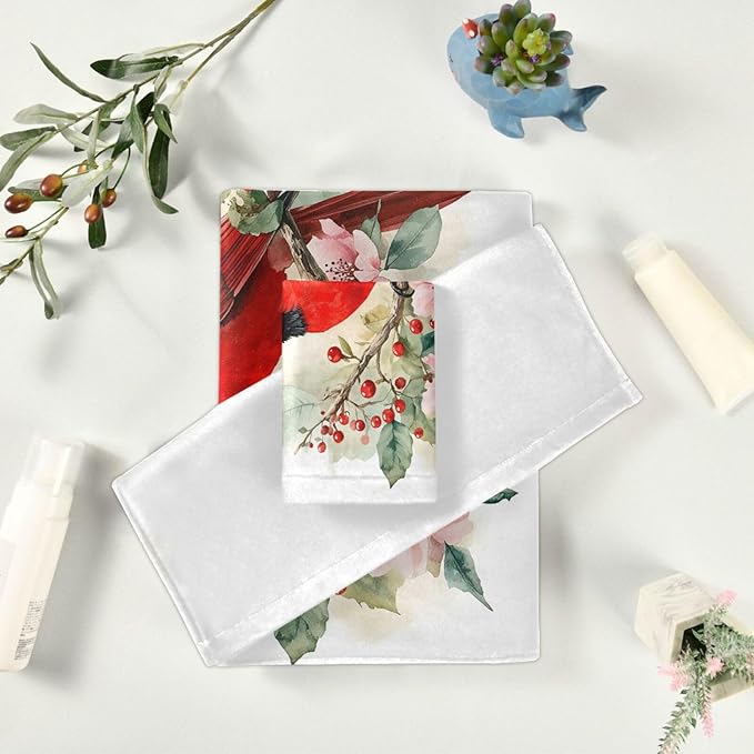 Christmas Winter Towels Set of 3 Red Cardinal Bird on Beautiful Flowers Bathroom Towel Soft Absorbent Bath Hand Towels Washcloth Guest Towel Sets Xmas Holiday Decor