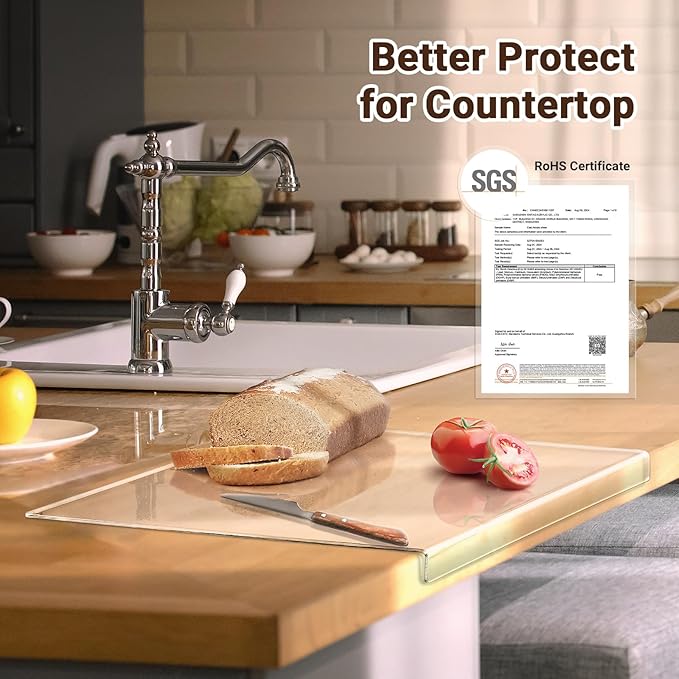 Acrylic Cutting Board with Counter Lip, 24x18 Inch Clear Cutting Boards for Kitchen Counter, Large Cutting Board Non Slip for Countertop Protector, Apartment Essentials Kitchen Decor Gifts