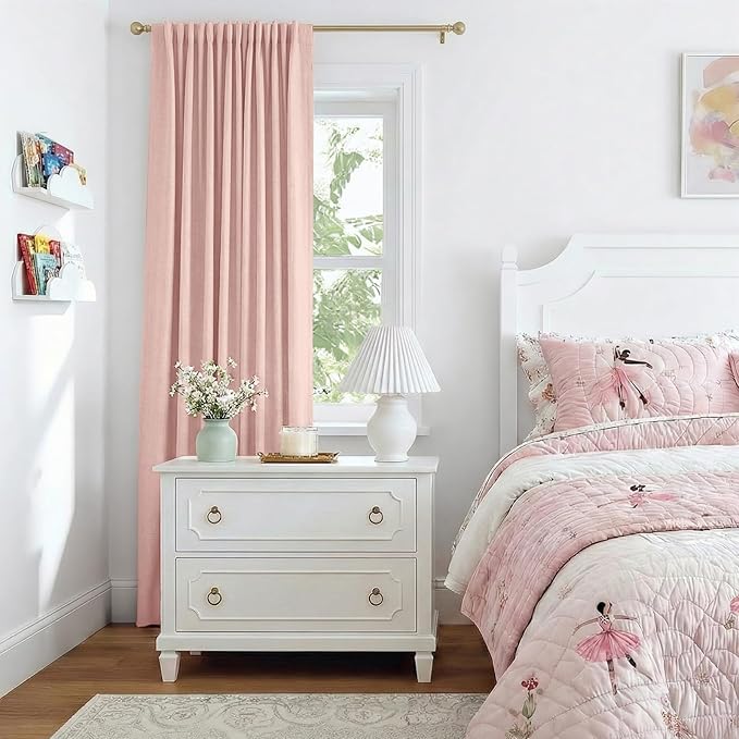 INOVADAY 100% Blackout Curtains for Bedroom, Black Out Curtains 108 Inch Long, Clip Rings Linen Blackout Drapes, Thermal Insulated Room Darkening for Living Room, 1 Panel - Blush Pink,W102xL108