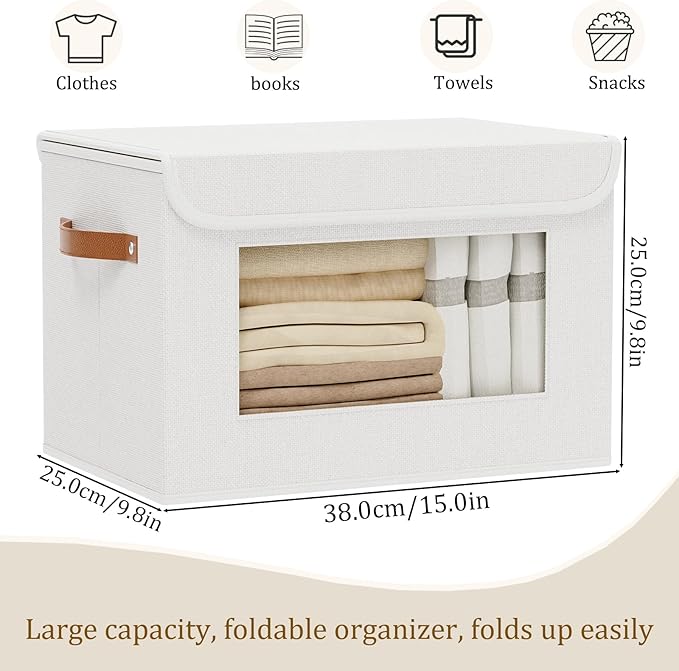 Storage Baskets with Lids, Storage Boxes with Handles for Shelves, Decorative Fabric Closet Organizers, White, 15 x 9.8 x 9.8 Inch, 3-Pack