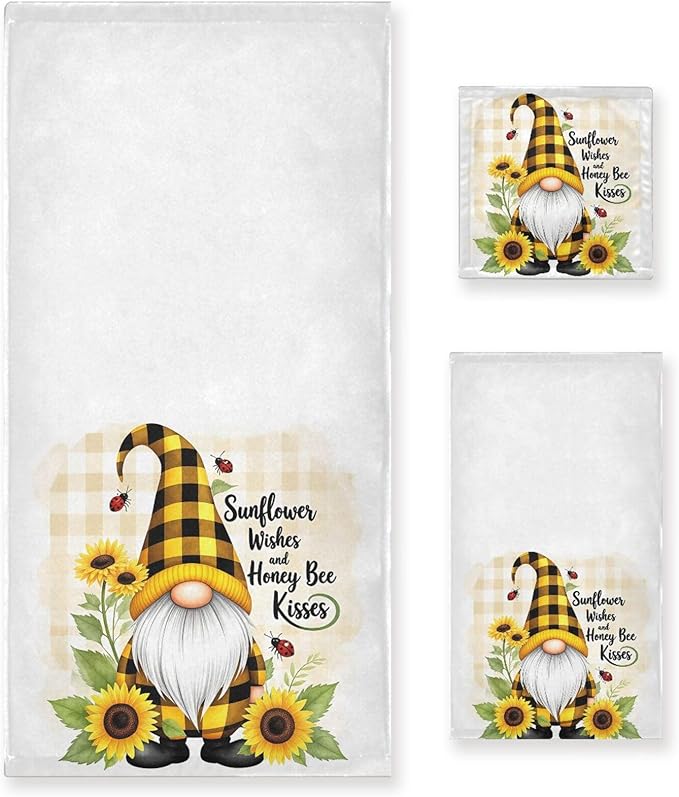 Gnome Sunflower Flowers Towels Set of 3 Bee Plaid Spring Bathroom Towel Soft Absorbent Bath Hand Towels Washcloth Guest Towel Sets Bathroom Decorations