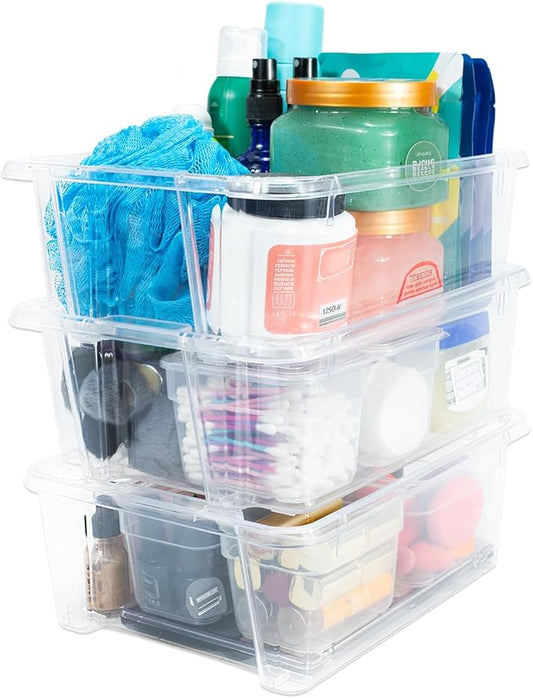 Best Kept Clear Plastic Storage Bins, Stackable Open Square Organizers for Home, Vanity, Cosmetics & Makeup Display, 3-Pack (No Lids)