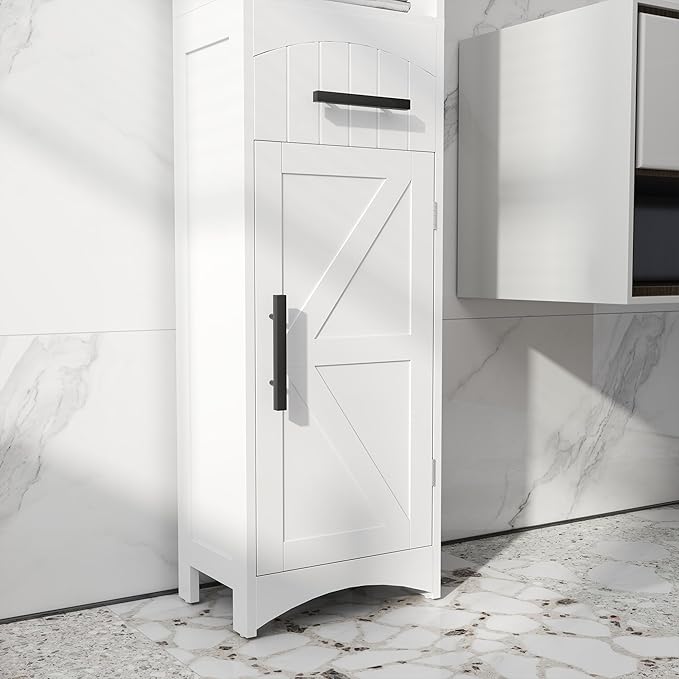HOMCOM Tall Bathroom Storage Cabinet, Farmhouse Narrow Bathroom Storage Cabinet with Recessed Drawer and Barn Door, Linen Cabinet, White