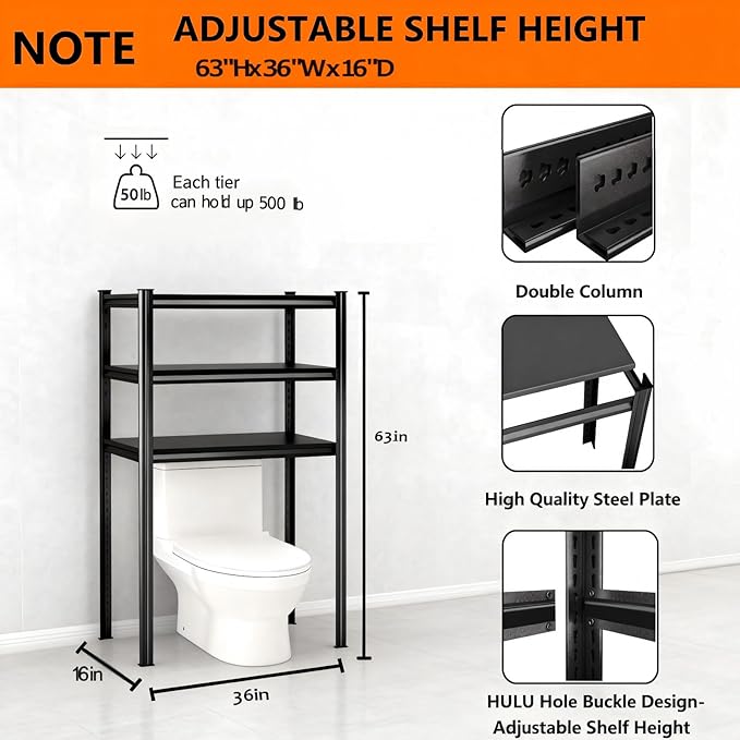 Over Toilet Storage Shelves, 5 Tier Adjustable Steel Shelf, Freestanding Metal Bathroom Space Saver, Waterproof&Rustproof Oraganizer with Reinforced Columns, Ideal for Laundry Bathroom,36W*16D*63H