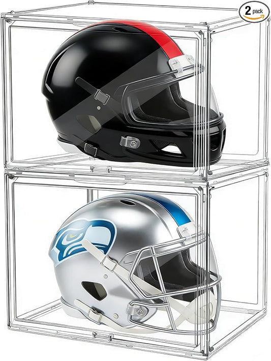 Extra Large 17.7" x 13" x 13" Clear Stackable Storage Bins, Acrylic Display Case with Magnetic Lids, Football & Motorcycle Helmet Showcase, Basketball, Sports Memorabilia Organizer (2 Pack)