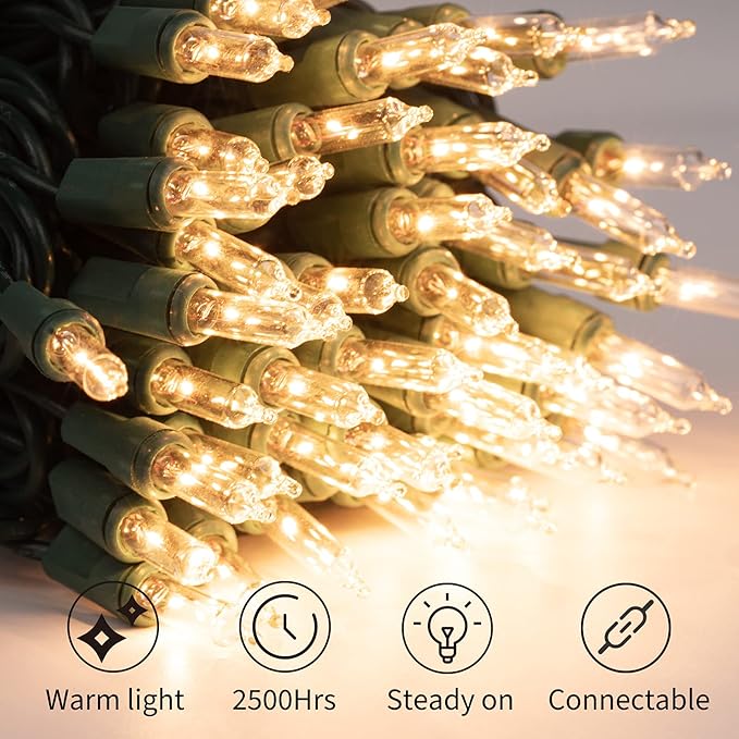 Minetom Clear Christmas Lights 200 Count 50 Feet Bulb Mini Lights, Waterproof String Light for Indoor Xmas Tree Garland Birthday Wedding Decoration, Green Wire