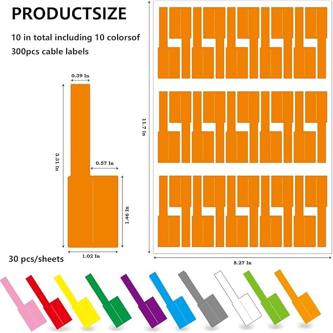 300pcs Cable Labels, 10 Colors Colorful Cord Labels Self Adhesive Waterproof Stickers for Cables Laser Printer Labeling Various Charger Cords,Cables Handwriting for Computer Wire Cable Management…
