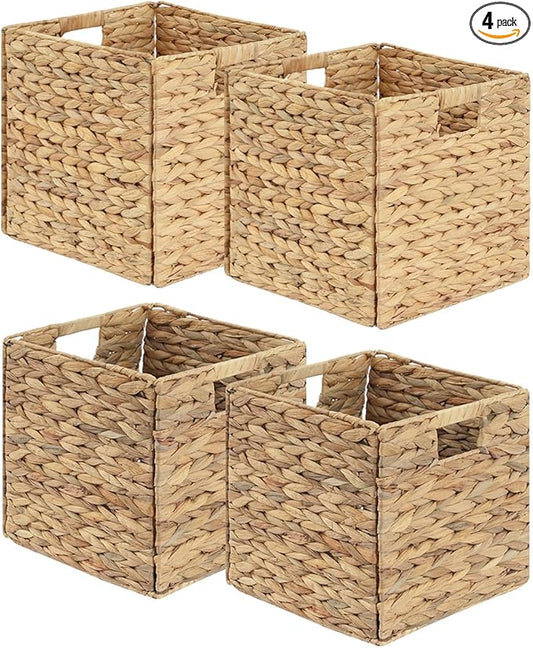 Foldable Wicker Storage Baskets 4-Pack, 11.2 Inch Collapsible Woven Cube Organizer Bins, Hyacinth Storage Baskets for Home, Shelf, Closet, Office Organization