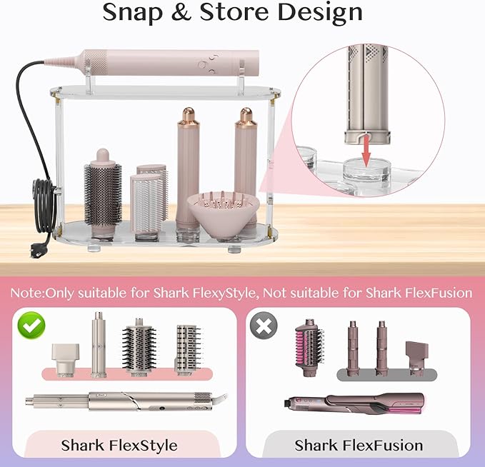 Upgraded 6-Hole Storage Holder for Shark FlexStyle - Acrylic Hairdryer Organizer with Cord Hanger, Compatible with Shark Diffuser, Curlers & Brushes Attachments for Bathroom Vanity and Hairsalon