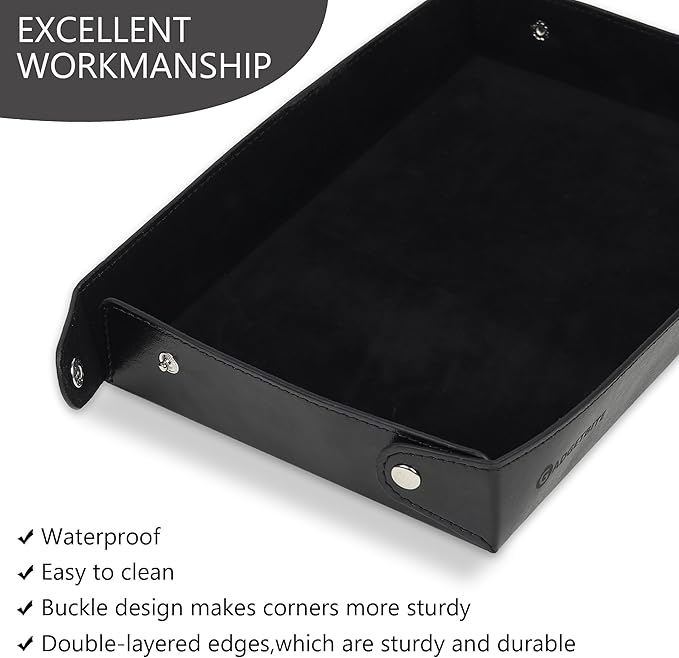 Valet Vegan Leather Tray Desk Tray Organiser Mobile Organiser Organiser for Office, Home, Living Room Button Opening Water Resistent-Black